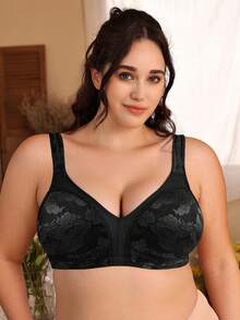 WINGSLOVE Plus Size Shaping Bra, Wireless Wide Strap Jacquard Full Coverage Unpadded - Black - View 3