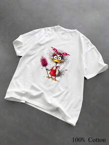 1PC 100% Cotton Funny Ostrich Housewife with Feather Duster Graphic Print Women's Short Sleeve TShirt - Blanco - Ver 1
