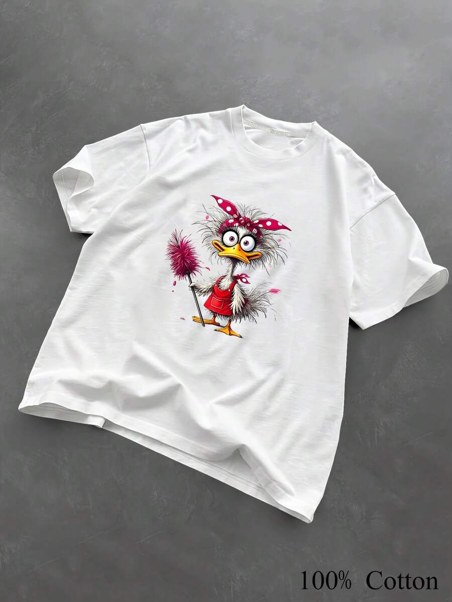 1PC 100% Cotton Funny Ostrich Housewife with Feather Duster Graphic Print Women's Short Sleeve TShirt - Blanco - Ver 1
