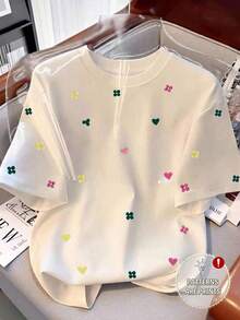 Mujer casual con estampado de flores y corazones suelta cuello redondo manga corta primavera verano para uso diario camiseta - Beis - Ver 3