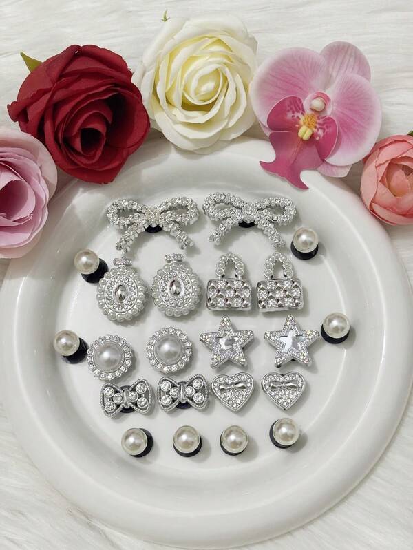 22 قطعة/مجموعة إكسسوارات أحذية DIY مزينة بالماس والخرز على شكل فيونكة، تعليقات حقيبة من الماس والخرز، نجمة من اللؤلؤ الأبيض المتغير الألوان، على شكل قلب، خرز ثلاثي الأبعاد، مشابك أحذية قابلة للإزالة، بلاستيك ABS، مناسبة للصيف والشاطئ والمنزل والخارج