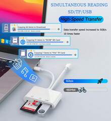SD Card Reader For IPhone, IPad, USB C And Lightning Dual Port SD Card Adapter, Memory Card Reader For Camera Adapter, Support SD, Micro SD, USB 3.0, No App Driver Required - White - View 3