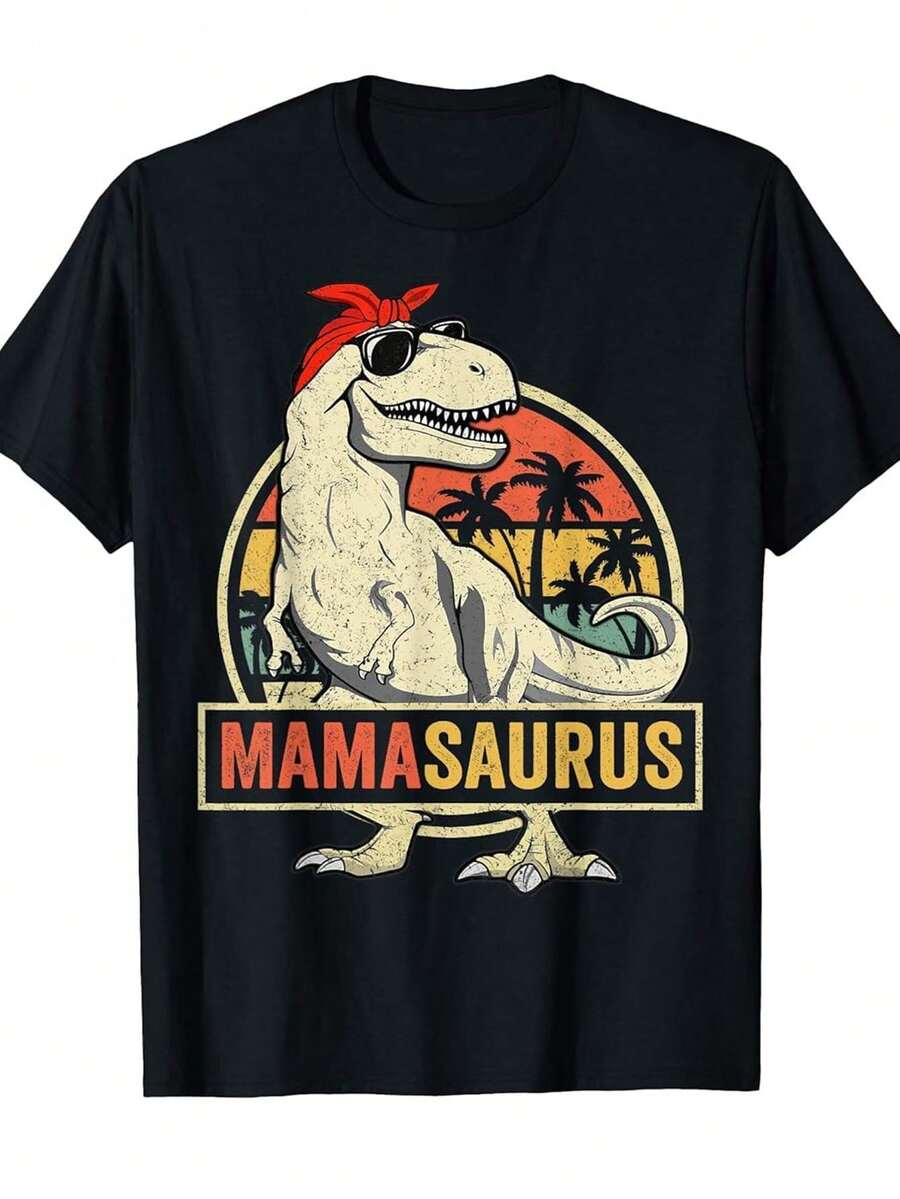 Funny MamaSaurus T-Rex Dinosaur Mom T-Shirt - Retro Vintage Tee With MamaSaurus Text, Soft Crew Neck Short Sleeve Shirt - Mother's Day Gifts For Women, Birthday Present Idea - Casual Casual Attire For Women & Men, Dinosaur Clothes, Durable Stitched Tee - màu đen - Xem 1