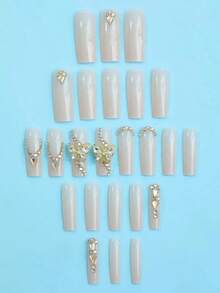 24pcs Long Coffin Shaped Luxury French Manicure Nail Stickers, Black & Gold Glitter Design With 3D Pearl Decor, Suitable For Women & Girls To Wear For Parties, Galas Or Daily Use - 多色 7 - 查看 3