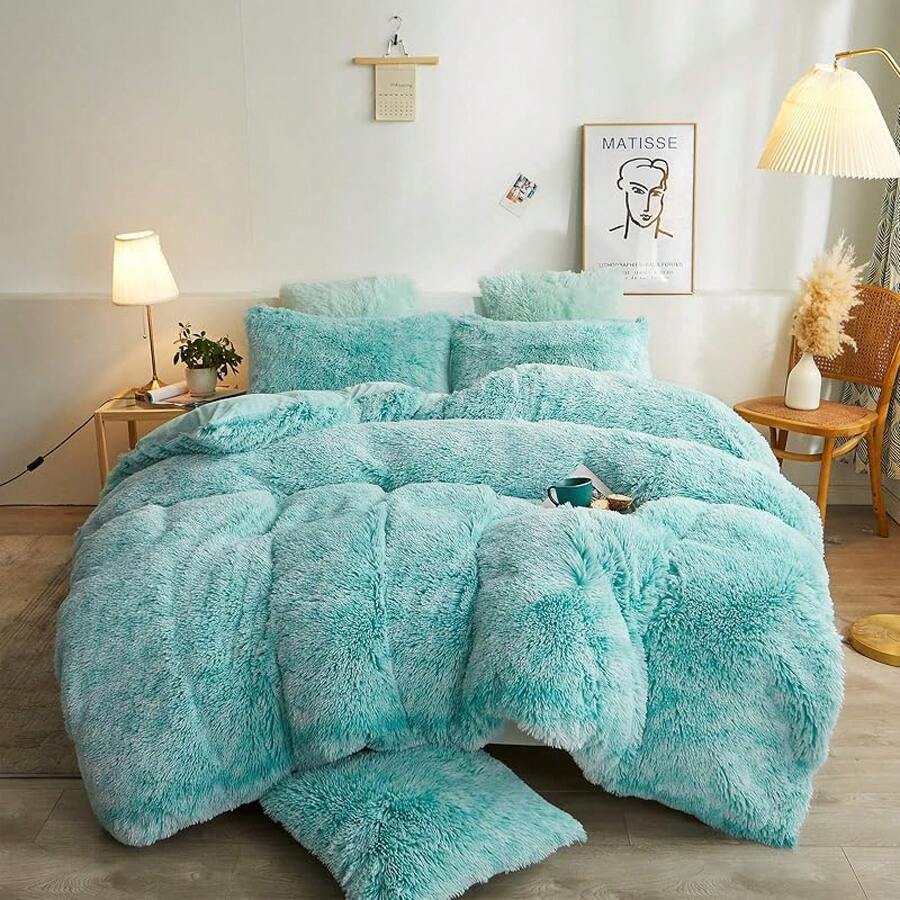 Plush Shaggy Duvet Cover Set, Ultra Soft Fluffy Bedding Sets 3 Pieces (1 Fuzzy Comforter Cover + 2 Pillow Cases), Zipper Close (, Pink), Luxury Bedding - 漸層水綠色 - 查看 1