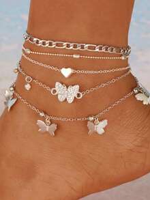 38pcs/19pcs/7pcs Set Women Elegant Vacation Style Hollow Butterfly & Heart Pendant Silver Anklet Set, Fashionable Jewelry For Girls Daily, Beach, Vacation - Silver 2 - View 5