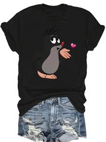 [Camiseta de Moda Casual] Camiseta de mujer suave y cómoda - Camiseta de manga corta de cuello redondo con diseño casual de pingüino y corazón, regalo perfecto para la abuela y la mamá, uso casual de primavera y verano - Negro - Ver 1