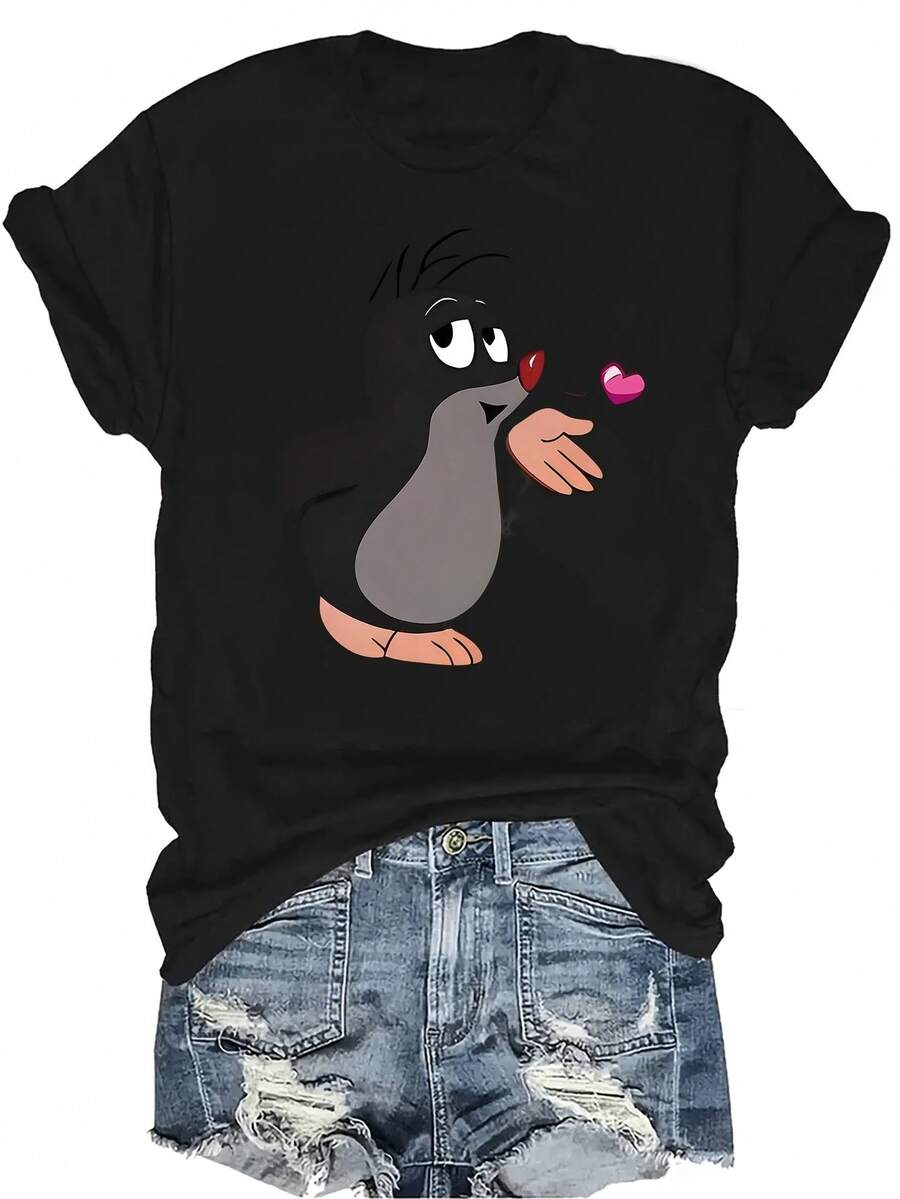 [Camiseta de Moda Casual] Camiseta de mujer suave y cómoda - Camiseta de manga corta de cuello redondo con diseño casual de pingüino y corazón, regalo perfecto para la abuela y la mamá, uso casual de primavera y verano - Negro - Ver 1