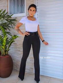 Flare Pants Knitted Fabric Buckle - Black - View 3