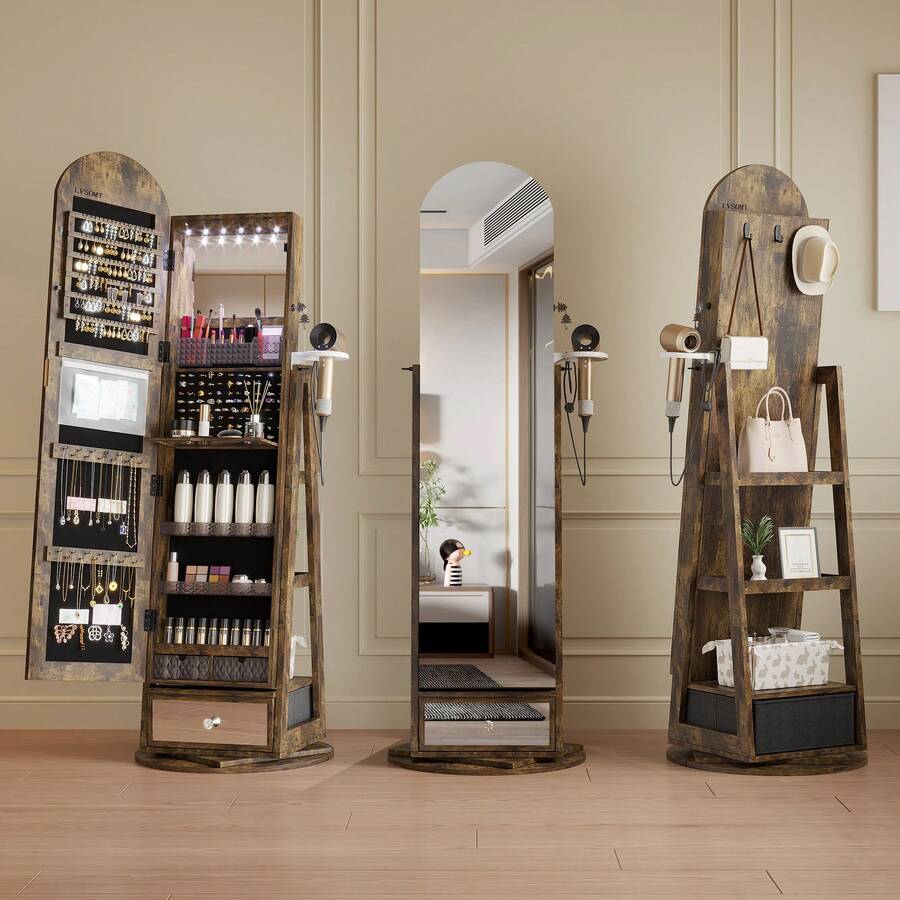 LVSOMT LED Arched Jewelry Cabinet With Mirror, 360° Rotating Standing Mirror With Jewelry Cabinets, Lockable Jewelry Mirror Cabinet With Lighting, Standing Wooden Jewelry Cabinet With 3-Tier Shelf - Dark Rustic Oak - 查看 1