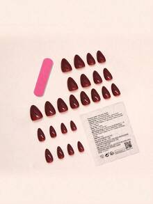 24Pcs Wine Red Solid Almond Wear Nail Tips + 1Pc Nail File + 1Pc Gel Polish Piece Press On Nails Nail Supplies Nails - 酒紅色 - 查看 3