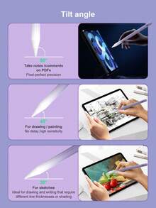 这款触控笔兼容iPad，是一款触屏笔和平板电脑配件，兼容2022年发布的iPad第十/十一代（A16芯片）和2025年发布的iPad Air 4/5/6（10.9英寸），无需蓝牙连接即可实现高灵敏度触控。笔尖可根据角度绘制不同粗细的线条或阴影效果。