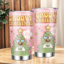 1 cană auto izolată din oțel inoxidabil, de 20 oz, imprimată cu un model de inimă cu brad de Crăciun și un model de litere englezești, decorată cu inimioare și flori, poate fi folosită în mai multe scene, o alegere bună pentru uz personal sau pentru a fi oferită cadou, de Crăciun sau de ziua de naștere.