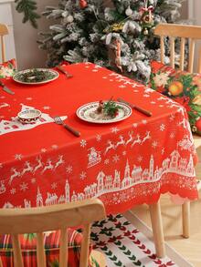1 pieza Mantel con estampado navideño y relieve, Cubierta de mesa con tema navideño de poliéster con adorno de encaje para sala de estar, dormitorio, cocina, decoración navideña