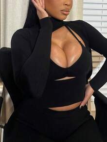 Women's Autumn New Fashion Hollow-Out Sexy High Collar Long Sleeve Top And Skinny Pants Set - Black - View 7