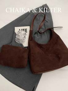 Túi đeo vai CHAIKA & KILTER 2 chiếc bằng vải da lộn màu trơn dành cho nữ, kiểu dáng hobo thời trang retro, túi đeo vai hình lưỡi liềm, tay cầm phía trên, khóa kéo, dây đeo vai có thể điều chỉnh, thích hợp sử dụng hàng ngày và ngoài trời. - Cà phê - Xem 4