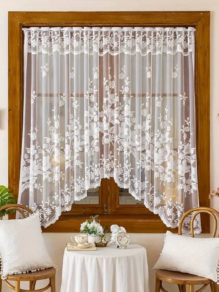 1pc French Romantic Floral Lace Arch Sheer Curtain (Width: 118 Inches Length: 63 Inches) - Large Size, Suitable For Home Decor, Transparent Design Ideal For Living Room, Kitchen And Room Decoration, Perfect Choice For Wedding, Holiday And Party Decoration