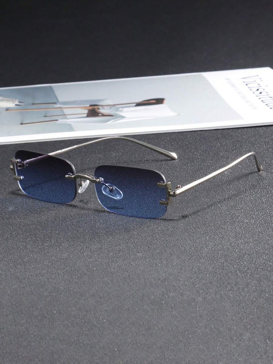 男士无框时尚眼镜，理想的夏季户外休闲配饰，送给朋友的完美礼物，复古风格，沙滩配饰，夏季海滩度假和户外旅行必备 - 銀框灰藍 - 查看 1