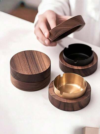 غطاء مبتكر مقاوم للرماد لغرفة المعيشة، مكتب خشبي دائري، تصميم مقاوم للسقوط والذباب - بطانة داخلية من الفولاذ المقاوم للصدأ سهلة التنظيف، ديكور المنزل والمكتب والبار، هدايا، دائري كلاسيكي - مناسب لغرفة المعيشة والمكتب وغرفة الطعام وعربة الطعام، متين