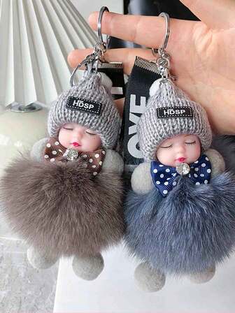 1pc Cartoon Doll Keychain With Real Faux Fur, Alloy Round Shape, Decorative Ladies Key Ring With Ring Buckle, Ideal For Bag & Car Key Decoration, Perfect For Valentine'S Day Gift, Single Piece