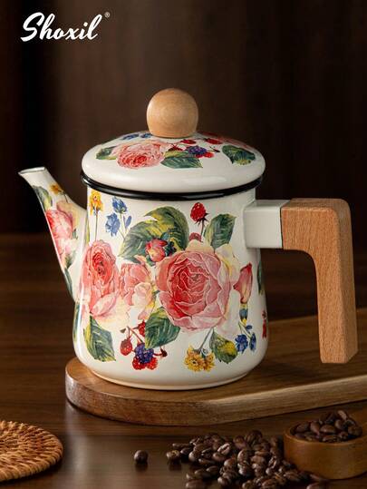 shoxil 1pc Rose Enamel Teapot, Water Bottle, Large Capacity Teapot, Gas Induction Cooker, Universal Desktop Decoration Enamel Teapot