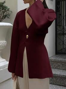 PoPoHouse 女士上衣，适合日常通勤、上班及办公室穿着，深V半开襟纯色长袖修身设计，保暖舒适。 - 酒紅色 - 查看 5
