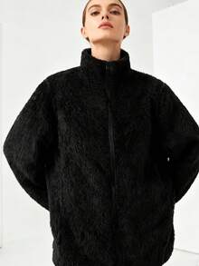 Autumn And Winter Fashion Women's Zipper Plush Solid Color Jacket - màu đen - Xem 4