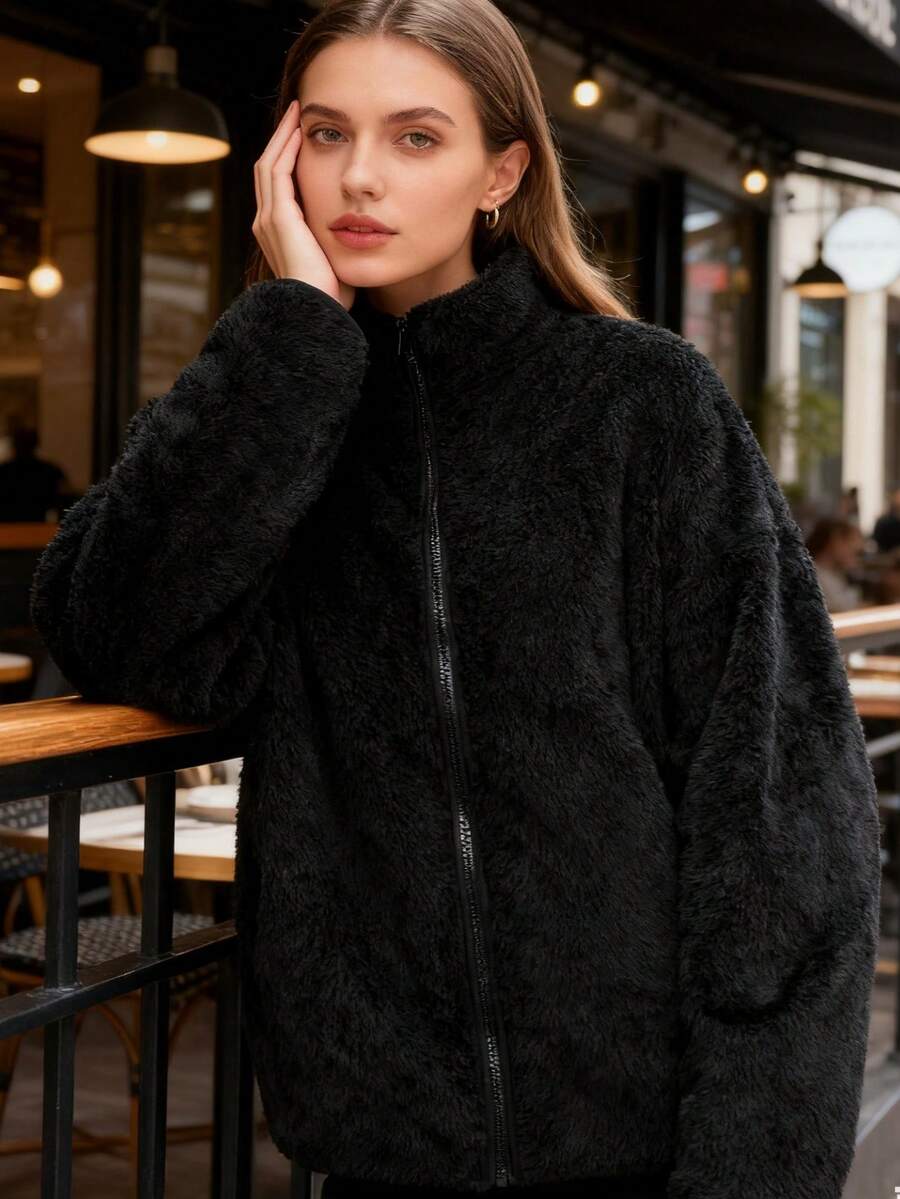 Autumn And Winter Fashion Women's Zipper Plush Solid Color Jacket - màu đen - Xem 1
