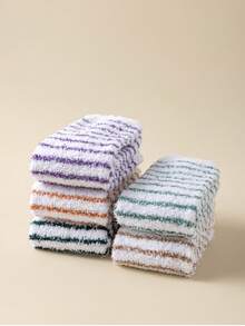 5 Pairs Of New Autumn And Winter Coral Fleece Socks, Non-Pilling, Warm Color Stripes, Anti-Slip Silicone, Thickened Floor Socks, Sleeping Socks