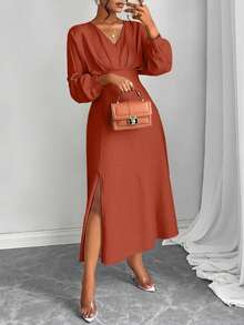 AIJ 女士秋季杏色V领收腰长袖连衣裙，适合日常生活和通勤上班，优雅春季款 - 棕色 - 查看 4