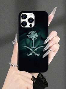 中东单件沙特阿拉伯绿色椰枣树与银色弯刀2D图案经典优雅男士领带，适合作为生日、节日礼物送给朋友、家人、情侣；黑色哑光软壳，兼容 17/16/15/14/13/12/11/Pro/Pro Max/X/XR/XS/XS Max/7/8/Plus - 黑色 - 查看 1