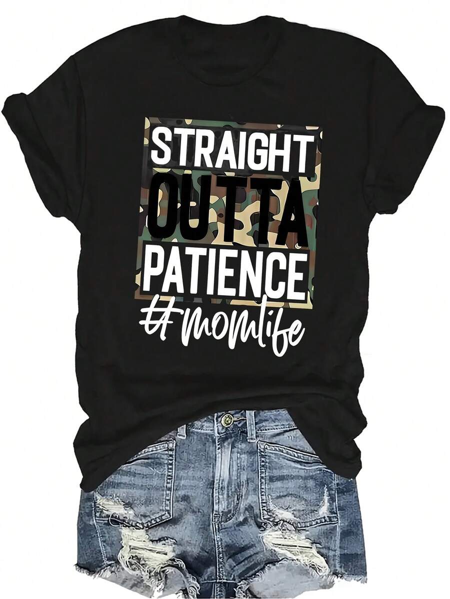[Camiseta de Moda Casual] Camiseta de Mujer Suave y Cómoda - Gráfico de Paciencia de Vida de Mamá Casual de Manga Corta Cuello Redondo, Regalo Perfecto para Abuela y Mamá, Uso Casual de Primavera Verano - Negro - Ver 1
