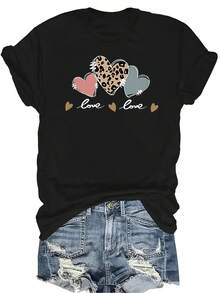 [Camiseta de moda casual] Camiseta suave y cómoda para mujer - Estampado de corazón leopardo amor Casual de manga corta cuello redondo, regalo perfecto para la abuela y la mamá, uso casual de primavera y verano - Negro - Ver 1