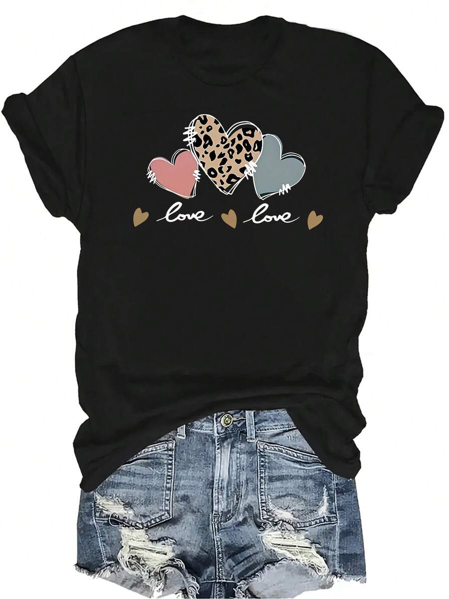 [Camiseta de moda casual] Camiseta suave y cómoda para mujer - Estampado de corazón leopardo amor Casual de manga corta cuello redondo, regalo perfecto para la abuela y la mamá, uso casual de primavera y verano - Negro - Ver 1