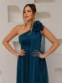 Long One-Shoulder Dress With Glittery Flower - Dark Green - View 4