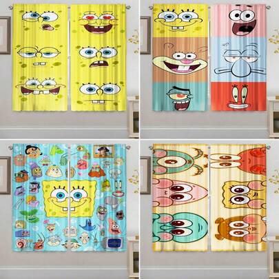 スポンジボブ柄 カーテン 2枚組、かわいいプリントパターン、リビング、寝室、キッチン、書斎に飾れる装飾カーテン、ホームエッセンシャル、素敵なギフト