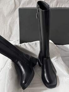 Fall/Winter Square Toe Chunky Heel Solid Color Elastic Slim Over-The-Knee Boots - Black - View 3