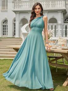 Volly Toych Cadet Blue A-Line One Shoulder Keyhole Ruched Chiffon Elegant Maxi Formal Bridesmaid Dress, Wedding Guest - Teal Blue - View 7