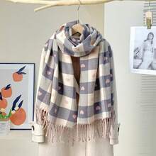 1pc Women Retro Elegant Plaid Thick Faux Cashmere Scarf, Warm & Windproof, Tasseled Shawl Wrap Suitable For Any Occasion For Dress - Brown - View 13