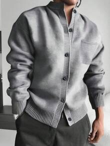 1pc Men's Solid Color Cardigan Sweater, Fashion Versatile Casual Comfortable Daily Commute Sports Street Hipster Outdoor Hiking Leisure Retro Style Knit Sweater, Spring/Autumn, Long Sleeve Top - Grey - View 2