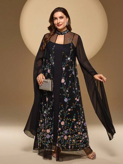 大码女式立领纯色开衫，刺绣花卉装饰，缎带饰边，花卉刺绣位置和密度随机，超长袖子，包含纯色吊带背心，适合节日、聚会、日常穿着