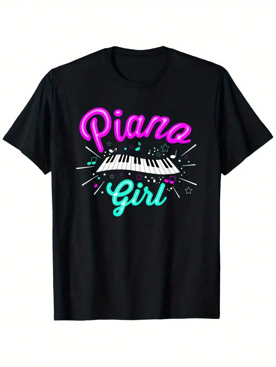 Men's Funny Piano Girl & Music Notes Graphic T-Shirt - 100% Cotton ...