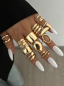 Bộ 25/20/15/5 chiếc nhẫn xu cổ điển nhiều mảnh có thể xếp chồng lên nhau, họa tiết hoa, đá quý nhiều màu, hình học, thắt nút, kết cấu ngọc trai giả bất đối xứng, giọt nước, sóng, nhiều lớp đan chéo, rỗng, hình trái tim, tối giản, nhẫn bản rộng trơn, thời trang, thanh lịch, cổ điển, thiết kế tinh xảo, thích hợp cho ngày lễ, tiệc tùng, hẹn hò, quà tặng, đeo hàng ngày - Vàng - Xem 4
