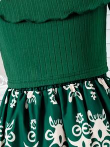 Kleine Mädchen Grünes Off-Shoulder Kleid, grünes Strickgewebe mit zarter weißer Blumen-Saum Dekoration und Schleifenakzent, vintage und verspielt, geeignet für Kinderfeste, Outdoor-Geburtstagsfeiern, Urlaub und Alltagstragen, Herbst/Winter