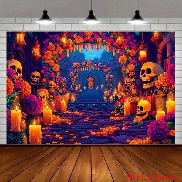 Pancarta de fondo para fiesta con tema de altar del Día de los Muertos - Diseño vibrante de arte popular mexicano con calaveras, cempasúchiles y velas, decoración de cabina fotográfica de poliéster para Halloween, eventos del Día de los Muertos