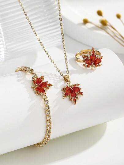 3pcs/Set Autumn/Winter Thanksgiving Maple Leaf Copper Necklace, Bracelet & Ring Set