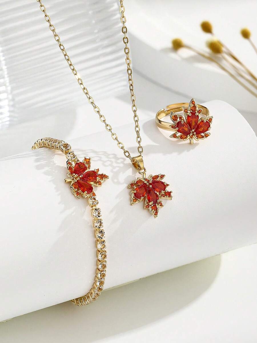 3pcs/Set Autumn/Winter Thanksgiving Maple Leaf Copper Necklace, Bracelet & Ring Set - Gold - View 1