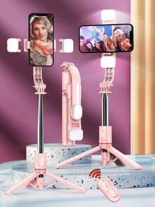TOKQI 44.9 Inch Extendable Selfie Stick Tripod With Dual Fill Lights And Detachable Remote, Portable Phone Tripod With 360° Rotation, Suitable For Travel Live Streaming Vlog, Compatible With IPhone 14/13/12/11, Android IOS Smartphones, Pink - Pink - View 10