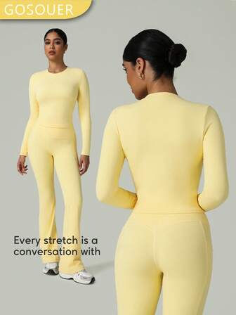GOSOUER 2-delat gymset för hösten, dam, rund hals, smal passform, hög elasticitet, långärmad yogatopp, sport-T-shirt och högmidjade utsvängda yogabyxor med fickor