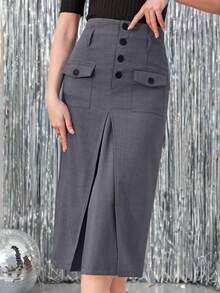 American Style Utility Mid-Length High Waist Front Slit Bodycon Skirt, Spring - Grey - View 1